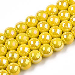 Gold Electroplate Opaque Glass Beads Strands, AB Color Plated, Round, Gold, 8~8.5mm, Hole: 1.5mm, about 51~53pcs/strand, 14.96 inch~15.55 inch(38~39.7cm)