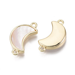 Seashell Color Brass Links, with Freshwater Shell, Nickel Free, Real 18K Gold Plated, Moon, Seashell Color, 18~19x10x3mm, Hole: 1.2mm