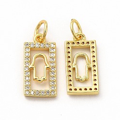 Real 18K Gold Plated Rack Plating Brass Micro Pave Cubic Zirconia Pendants, Rectangle with Hamsa Hand Charm, with Jump Ring, Real 18K Gold Plated, 15x7.5x2mm, Hole: 3.6mm