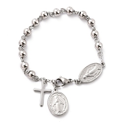 Stainless Steel Color 304 Stainless Steel Charm Bracelets, with Round Beads, Cross & Oval with Saint, Stainless Steel Color, 8-3/8 inch(21.3cm)