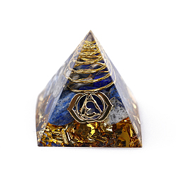 Lapis Lazuli Décorations d'affichage en résine de pyramide d'orgonite à motif de chakra, pyramides de guérison, pour le stress réduire la méditation de guérison, avec des accessoires en laiton et des éclats de lapis-lazuli naturel à l'intérieur, pour bureau à domicile, 30.5x30.5x29.5mm