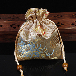 Bisque Chinese Style Flower Pattern Satin Jewelry Packing Pouches, Drawstring Gift Bags, Rectangle, Bisque, 14x11cm