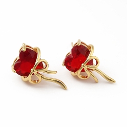 Red Cubic Zirconia Heart with Bowknot Stud Earrings, Real 18K Gold Plated Brass Jewelry for Women, Red, 20x13mm, Pin: 0.7mm