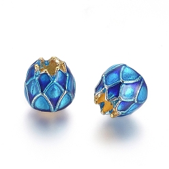 Blue Golden Plated Alloy European Beads, Large Hole Beads, with Enamel, Lotus, Blue, 9x8.5mm, Hole: 3.5mm