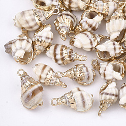 Seashell Color Electroplate Spiral Shell Pendants, with Iron Findings, Light Gold, Seashell Color, 18~25x10~15x8~12mm, Hole: 2mm