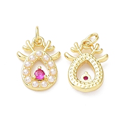 Real 18K Gold Plated Brass & Cubic Zirconia & Plastic Imitation Pearl Pendants, Cadmium Free & Lead Free, Rack Plating, Christmas Theme, Deer Head, Real 18K Gold Plated, 17x12.5x3mm, Hole: 3mm