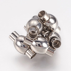 Stainless Steel Color Smooth 304 Stainless Steel Magnetic Clasps with Glue-in Ends, Oval, Size: about 9mm wide, 17mm long, hole: 4mm