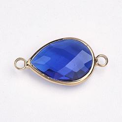 Royal Blue Brass Glass Links connectors, Faceted, teardrop, Light Gold, Royal Blue, 14x25.5x5mm, Hole: 2mm