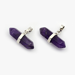 Amethyst Natural Amethyst Double Terminated Pointed Pendants, with Platinum Plated Brass Findings, Bullet, 15.5x30~35x8~9mm, Hole: 5x7.5mm