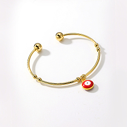 Rouge Bracelets manchette en acier inoxydable plaqué or véritable, bracelet à breloques en émail mauvais œil pour femme, rouge, diamètre intérieur: 18 pouce (2-3/8 cm)