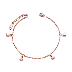 Rose Gold SHEGRACE Titanium Steel Charm Anklet, with Cable Chains, Square, Rose Gold, 8-1/4 inch(21cm)