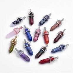 Mixed Stone Natural Gemstone Double Terminated Pointed Pendants, with Brass Rhinestone Finding, Bullet, 38~40x13.5x11mm, Hole: 3x4mm