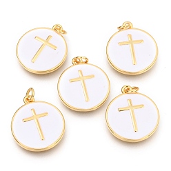 White Brass Enamel Pendants, Long-Lasting Plated, Real 18K Gold Plated, with Jump Rings, Flat Round with cross, White, 17.5x15x2mm, Hole: 2.5mm