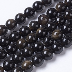 Golden Sheen Obsidian Natural Golden Sheen Obsidian Beads Strands, Round, 8mm, Hole: 1mm, about 48pcs/strand, 15.1 inch