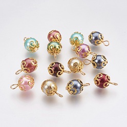 Golden Glass beads Pendants, with Iron Finding, Round, Mixed Color, Golden, 16.5~17x10mm, Hole: 2x3mm, 300pc/bag
