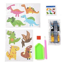 Mixed Color DIY Dinosaur Diamond Painting Stickers Kits For Kids, with Diamond Painting Stickers, Rhinestones, Diamond Sticky Pen, Tray Plate and Glue Clay, Mixed Color, 19.7x14.4x0.03cm