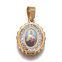 Golden 304 Stainless Steel Pendants, with Polymer Clay Rhinestone, Oval with Saint, Golden, 20x15x3mm, Hole: 4x6mm