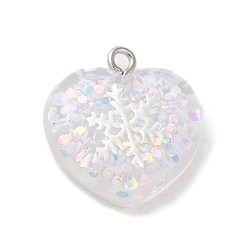 Blanc Pendentif en acrylique, avec les accessoires en fer, glitter, coeur de Saint Valentin avec flocon de neige, blanc, 20.5x20x6.5mm, Trou: 2mm