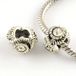 Crystal Alloy Rhinestone European Beads, Large Hole Beads, Antique Silver, Crystal, 12x13x8~9mm, Hole: 5mm