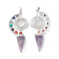 Amethyst 7 Chakra Natural Amethyst Big Pendants, Faceted Cone Charms, with Platinum Tone Brass Findings, 69x30x13mm, Hole: 5mm