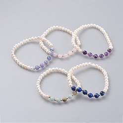 Pierre Mélangete Bracelets élastiques, avec des perles de perles d'eau douce naturelle, perles de pierres précieuses naturelles et véritables perles en laiton plaqué or 18 k, 2-1/4 pouce (5.85 cm)