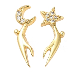 Real 18K Gold Plated Rack Plating Brass Moon & Star Asymmetrical Earrings, Stud Earrings with Cubic Zirconia, Lead Free & Cadmium Free, Real 18K Gold Plated, 17x6~8mm