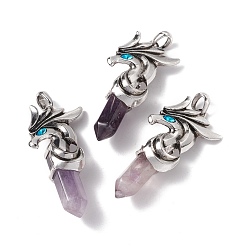 Amethyst Natural Amethyst and Indicolite Rhinestone Big Pendants, with Antique Silver Tone Alloy Phoenix Findings, Cadmium Free & Lead Free, Faceted Bullet Charm, 61x30x16mm, Hole: 6x7mm
