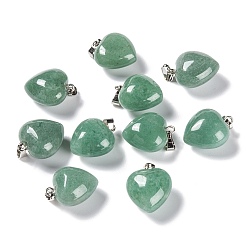 Green Aventurine Natural Green Aventurine Pendants, with Platinum Brass Loops, Heart, 18~19x15~15.5x6~8mm, Hole: 6x2.5~3mm