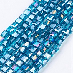 Dark Turquoise Electroplate Glass Beads Strands, AB Color Plated, Faceted, Cube, Dark Turquoise, 4x4x4mm, Hole: 1mm, about 100pcs/strand, 17 inch