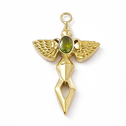 Olivine Vacuum Plating 201 Stainless Steel Pendants, with Rhinestone, Real 18K Gold Plated, Sword with Wing Charms, Olivine, 44.5x27x6mm, Hole: 3mm