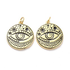 Real 18K Gold Plated Brass Enamel Pendants, with Jump Ring, Long-Lasting Plated, Flat Round with Evil Eye, Black, Real 18K Gold Plated, 22.5x20x3mm, Jump Ring: 5x1mm, 3mm Inner Diameter