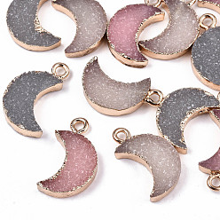 Mixed Color Druzy Resin Pendants, with Edge Light Gold Plated Iron Loops, Moon, Mixed Color, 19x11x3.5mm, Hole: 1.8mm