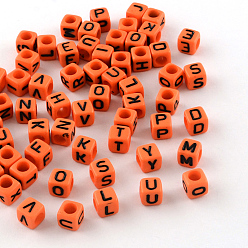 Coral Letter Style Opaque Acrylic Beads, Horizontal Hole, Cube, Coral, 6x6x6mm, Hole: 3.5mm, about 2700pcs/500g