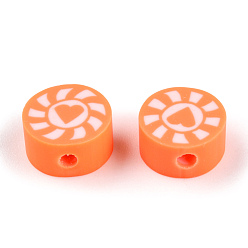 Coral Handmade Polymer Clay Beads, Flat Round with Heart & Sun, Coral, 9~10x5mm, Hole: 1.6mm