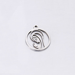 Stainless Steel Color 304 Stainless Steel Pendants, Ring with Virgin Mary Charm, Stainless Steel Color, 17x15mm