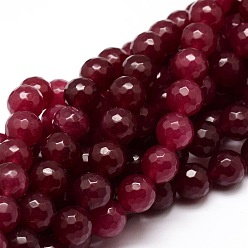 Cerise Dyed Natural White Jade Round Beads Strands, Faceted, Cerise, 10mm, Hole: 1mm, about 38pcs/strand, 14.5 inch