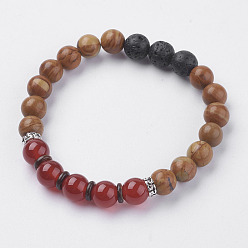 Carnelian Natural Lava Rock Beads Stretch Bracelets, with Wenge Wood Beads, Carnelian and Wenge Wood Lace Stone, Coconut and Alloy Finding, 2 inch(50~52mm)
