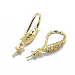 Golden Brass Micro Pave Cubic Zirconia Earring Hooks, For Half Drilled Beads, Clear, Golden, 19mm, 24 Gauge, Pin: 0.5mm