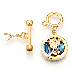 Real 18K Gold Plated Paua Shell Toggle Clasps, with Brass Findings, Flat Round with Rose, Real 18K Gold Plated, 41.5mm, T Clasps: 5.5x18x4mm, O Clasps: 12x12x1mm