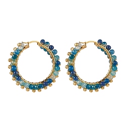 Teal Natural Agate Beaded Hoop Earrings, 304 Stainless Steel Wire Wrap Jewelry for Women, Golden, Teal, 43x43.5x9mm, Pin: 1.1x0.6mm