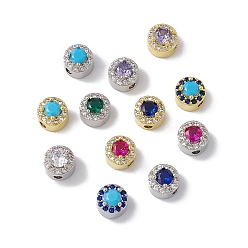 Mixed Color Rack Plating Brass Micro Pave Cubic Zirconia Flat Round Beads, Long-Lasting Plated, Cadmium Free & Nickel Free & Lead Free, Mixed Color, 7x5.5mm, Hole: 1.8mm