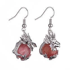 Cherry Quartz Glass Synthetic Cherry Quartz Glass Dragon Dangle Earrings, Platinum Brass Jewelry for Women, 42mm, Pin: 0.6mm