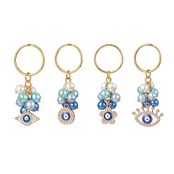Mixed Color Alloy Enamel Evil Eye Rhinestone Keychain, Baking Painted Pearlized Glass Bead Keychain, with Iron Ring, Mixed Shapes, Mixed Color, 6.4~7.3cm