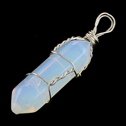 Opalite Opal Stone Double Terminated Pointed Pendants, with Platinum Plated Iron Findings, Bullet, 38~45x8x8mm, Hole: 4mm