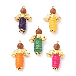 Golden Alloy Pendants, with Natural Wood Beads, Wing Alloy Beads, Dyed Natural Wood Beads, Angel, Golden, 30.5x18.5x7.5mm, Hole: 2mm