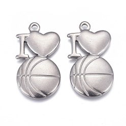 Stainless Steel Color 304 Stainless Steel Pendants, Laser Cut, I Love with Basketball, Stainless Steel Color, 28.5x16x2.5mm, Hole: 2mm