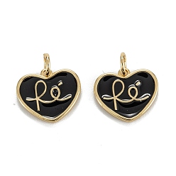 Black Brass Enamel Charms, Real 18K Gold Plated, Long-Lasting Plated, Heart with RE, Black, 12x13.5x1.5mm, Hole: 3mm, Jump Ring: 5x0.8mm