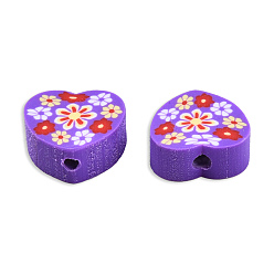 Dark Violet Handmade Polymer Clay Beads, Heart with Flower, Dark Violet, 9x10x4.5mm, Hole: 1.2mm