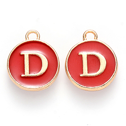 Letter D Golden Plated Alloy Charms, with Enamel, Enamelled Sequins, Flat Round, Red, Letter.D, 14x12x2mm, Hole: 1.5mm, 50pcs/Box