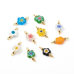 Mixed Color Handmade Millefiori Glass Links Connectors, with Golden 304 Stainless Steel Loops, Flower, Mixed Color, 25x12x4mm, Hole: 1.6~1.8mm